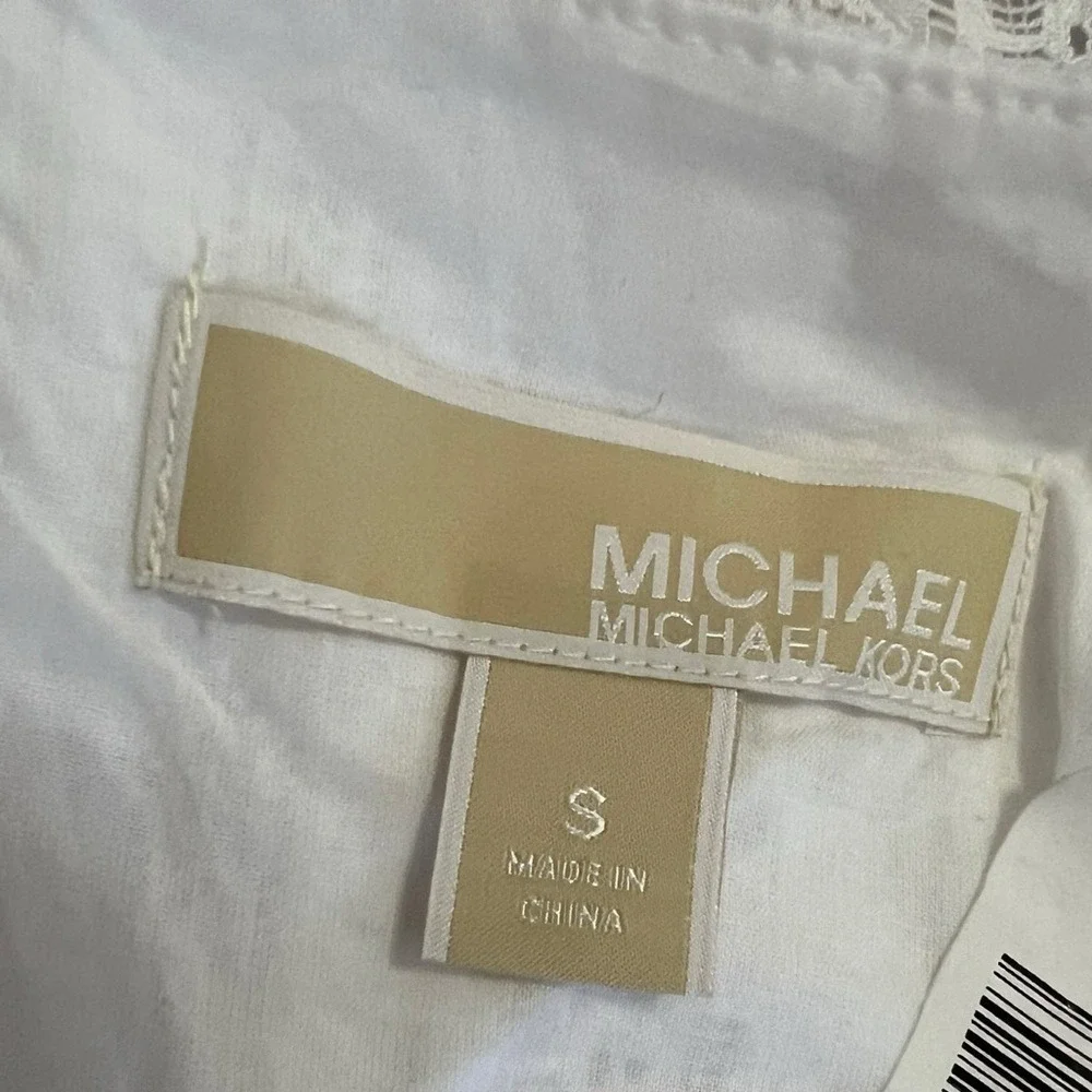 Michael Kors White Textured Patterned Short‎ Sleeve Blouse with Fringe Hem